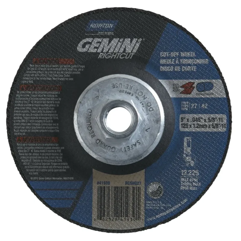 Gemini® RightCut™ Right Angle Cut-Off Wheel, Type 27/42, 5 in dia x 0.045 in Thick x 5/8 in-11 Arbor, 1 EA/EA