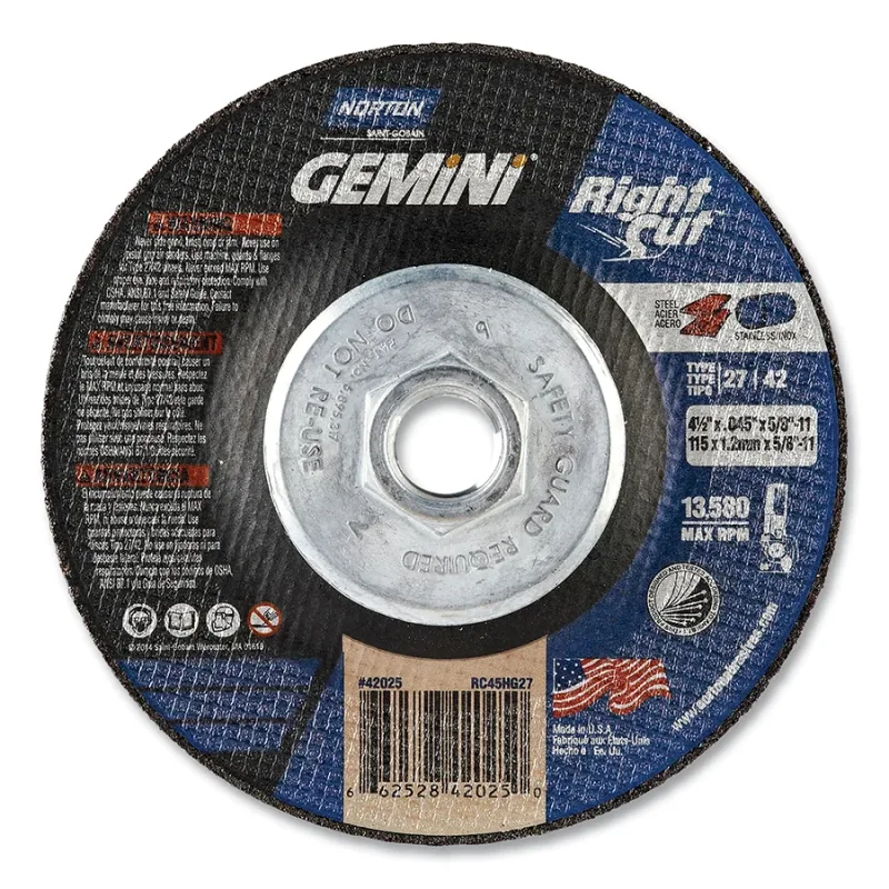 Gemini® RightCut™ Right Angle Cut-Off Wheel, Type 27/42, 4-1/2 in dia x 0.045 in Thick x 5/8 in-11 Arbor, 1 EA/EA