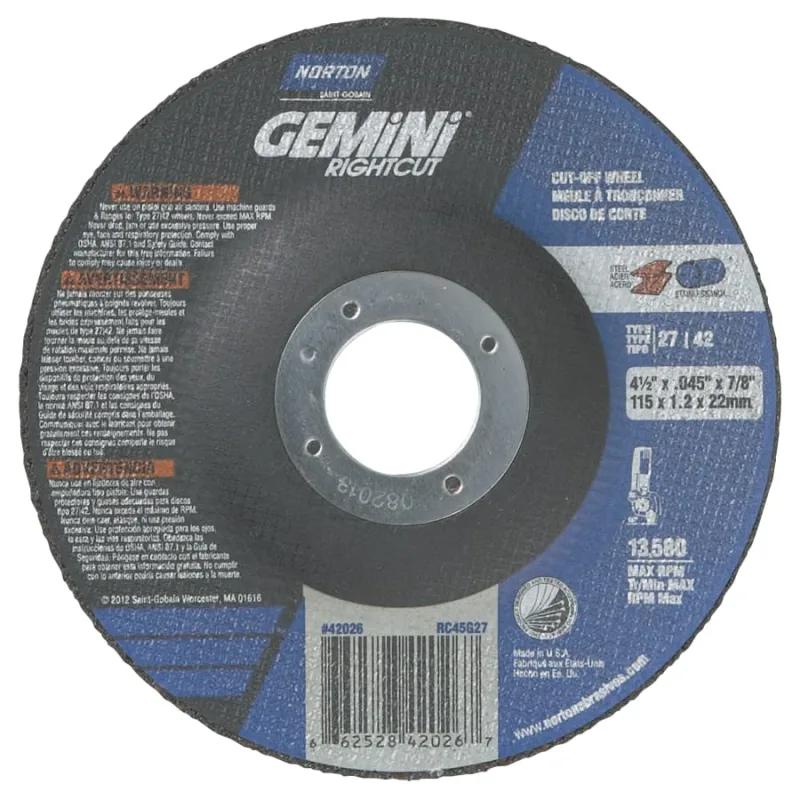 Gemini® RightCut™ Right Angle Cut-Off Wheel, Type 27/42, 4-1/2 in dia x 0.045 in Thick x 7/8 in Arbor, 25 EA/BX