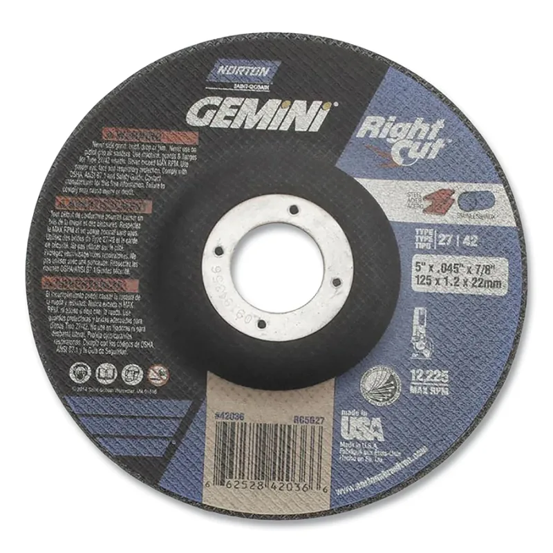 Gemini® RightCut™ Right Angle Cut-Off Wheel, Type 27/42, 5 in dia x 0.045 in Thick x 7/8 in Arbor, 25 EA/BX