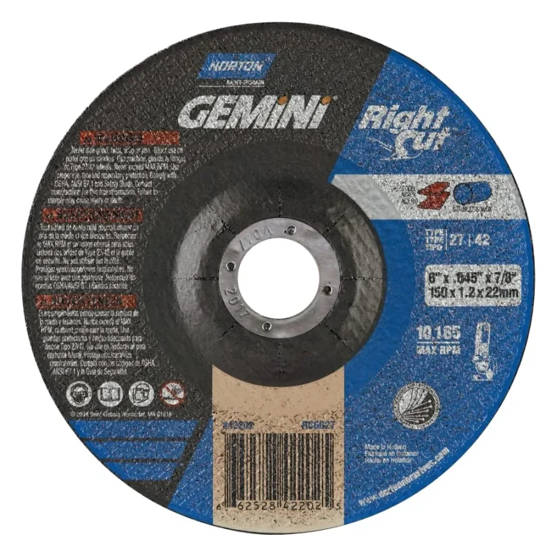Gemini® RightCut™ Right Angle Cut-Off Wheel, Type 27/42, 6 in dia x 0.045 in Thick x 7/8 in Arbor, 25 EA/PK