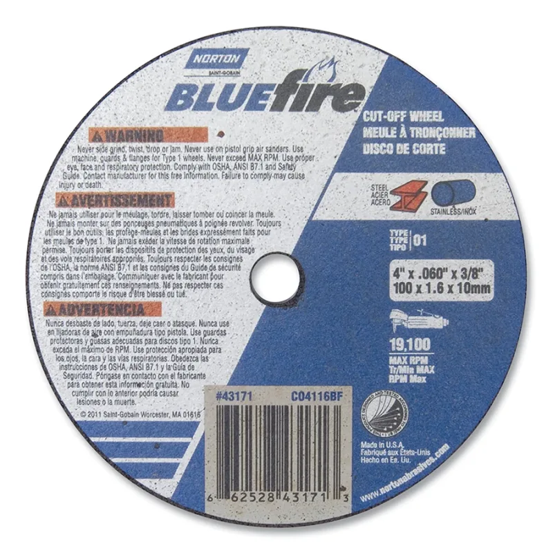 Type 01 BlueFire Die Grinder Cut-Off Wheels, 4 in dia, 3/8 in arbor, 1/16 in Thick, 24 Grit, Zirconia Alumina