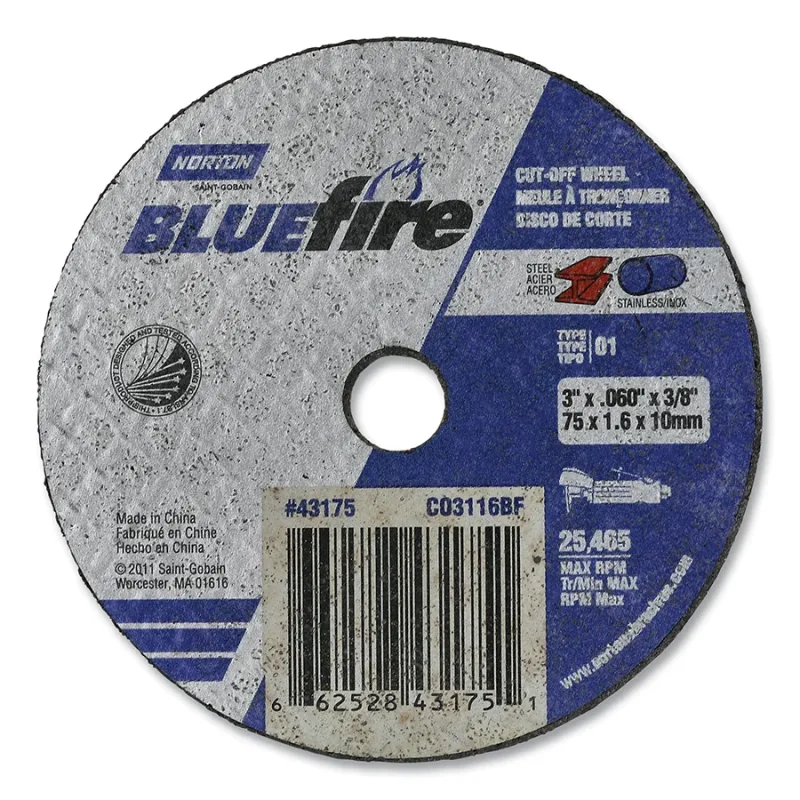 Type 01 BlueFire Die Grinder Cut-Off Wheels, 3 in dia, 3/8 in arbor, 1/16 Thick, 46 Grit, Zirconia Alumina