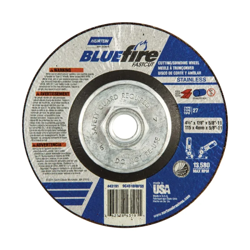 Blue Fire Grinding/Cutting Wheel, Zirconia Alumina, 4.5 in dia, 5/8 in-11 Arbor, 24 Grit