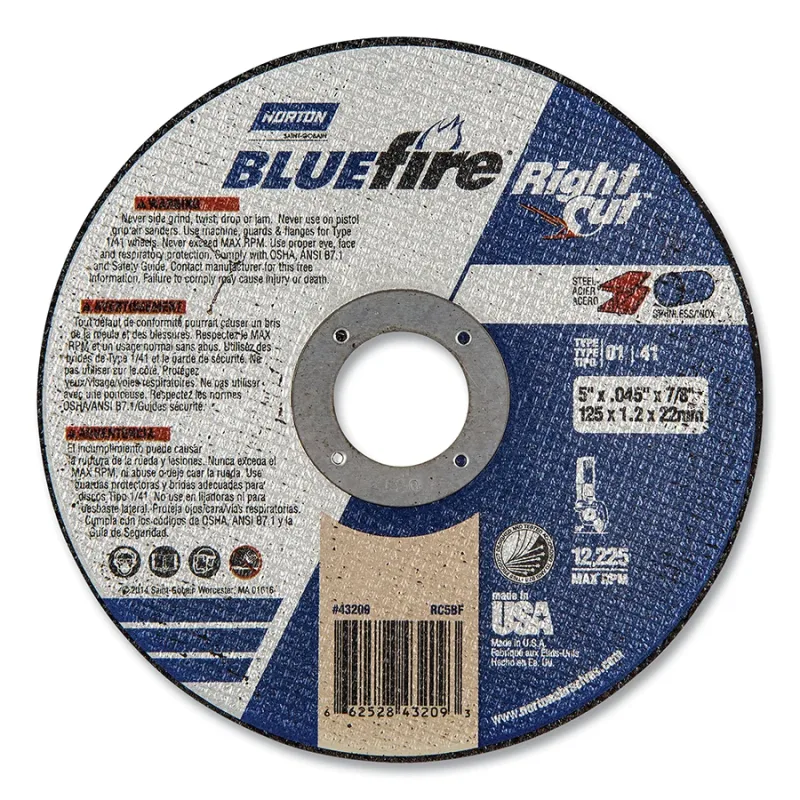 Type 01 BlueFire Right Cut Cut-Off Wheel, 5 in dia, 7/8 in arbor, 1/16 in Thick, 36 Grit, Aluminum Oxide