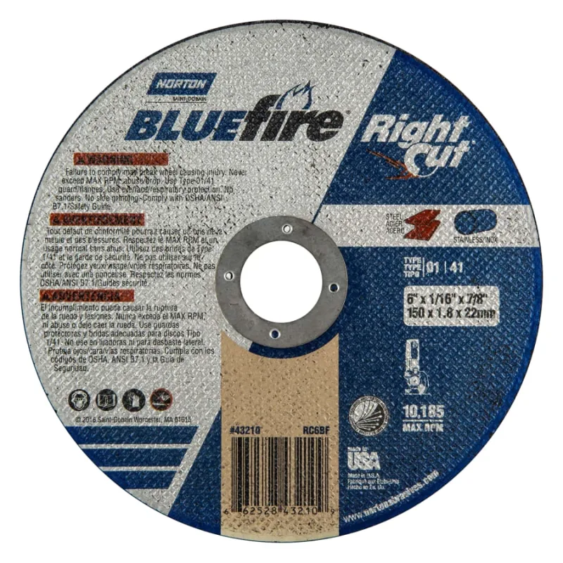 Type 01 BlueFire Right Cut Cut-Off Wheel, 6 in dia, 7/8 in arbor, 1/16 in Thick, 36 Grit, Zirconia Alumina