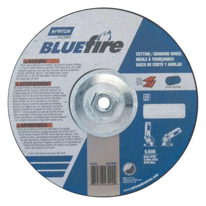 Bluefire® Type 27 Depressed Center Wheel, 9 in x 1/8 x 5/8-11, 24 Grit, Zirconia Alumina
