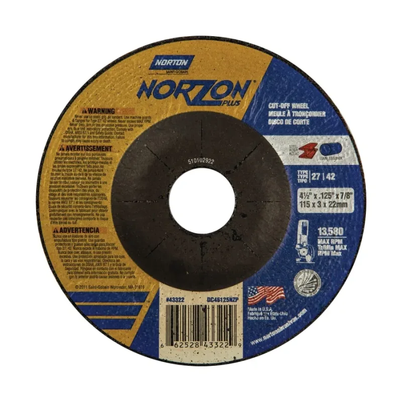 NorZon Plus Cutting Wheel, Zirconia Alumina, 4-1/2 in dia, 7/8 in Arbor, 24 Grit