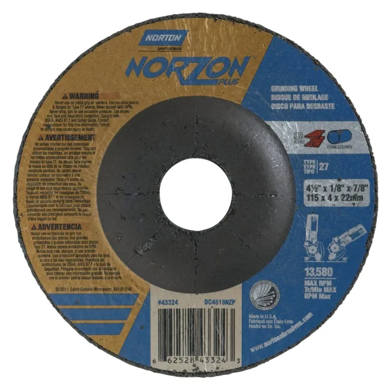 Type 27 NorZon Plus Depressed Center Wheel, 4 1/2" Dia, 1/8" Thick, 7/8" Arbor