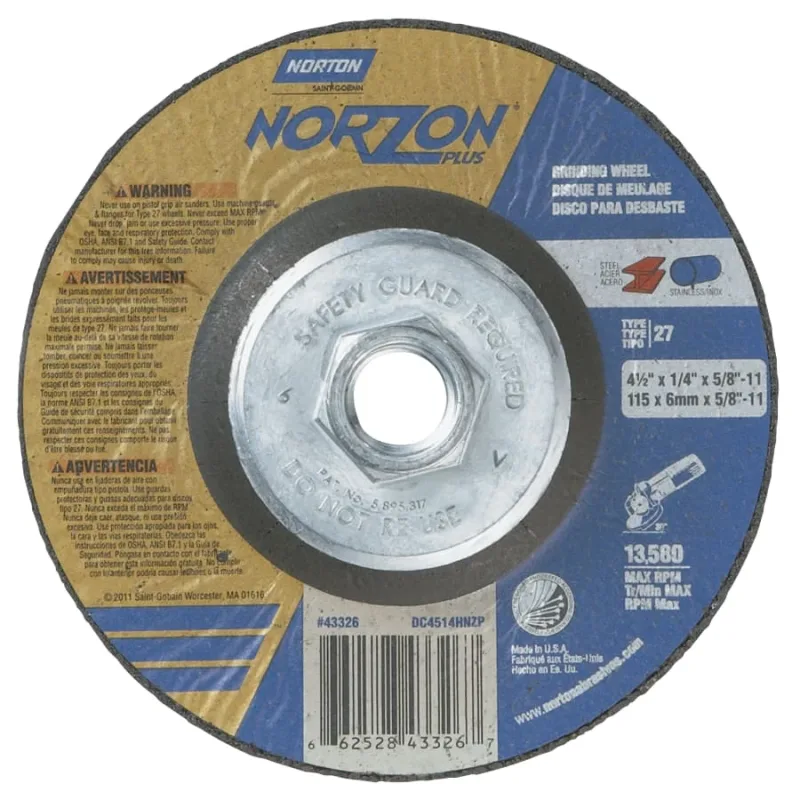 Type 27 NorZon® Plus Depressed Center Wheel, 4-1/2 in dia, 1/4 in Thick, 5/8 in Arbor, 24 Grit
