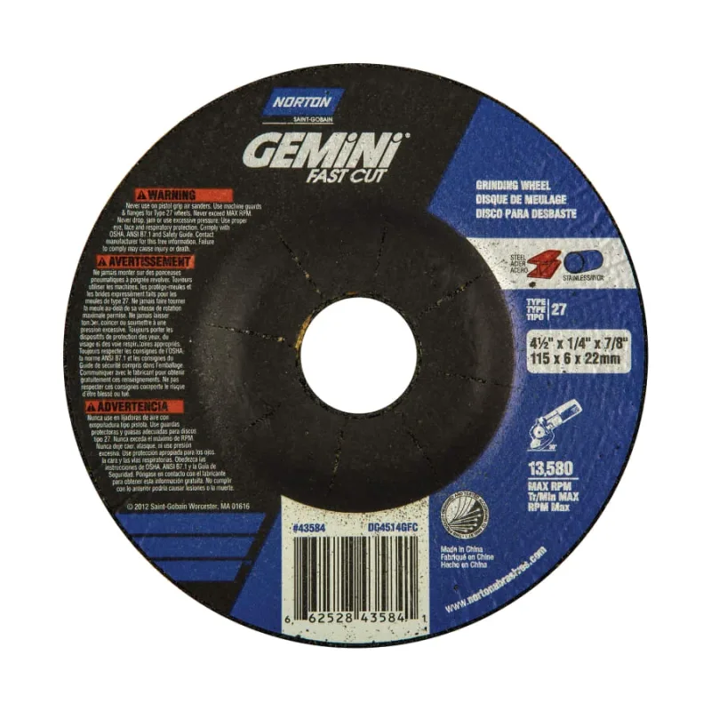 Grinding Wheel, Aluminum Oxide, 4-1/2 in dia, 7/8 in Arbor, 1/4 in Thick, 24 Grit