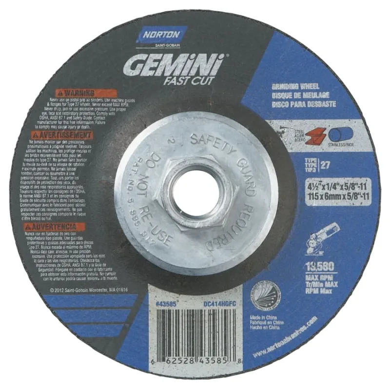 Gemini FastCut Depressed Center Wheel, 4-1/2 in Thick, Aluminum Oxide