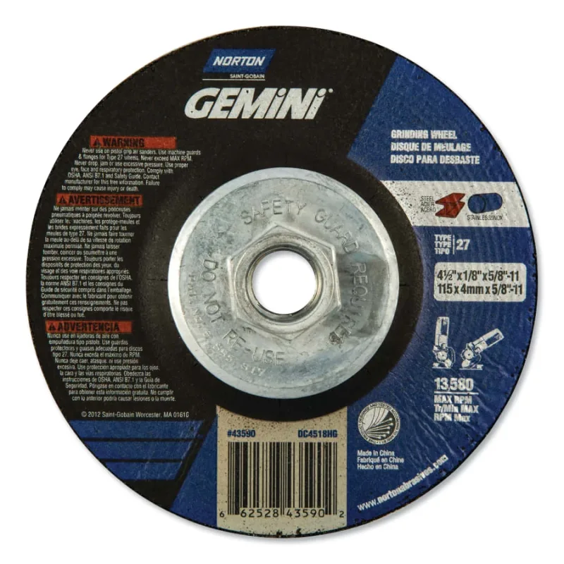Gemini® Type 27 Grinding and Cutting Wheel, 4-1/2 in dia x 1/8 in T x 5/8 in-11 Arbor Hole, AO