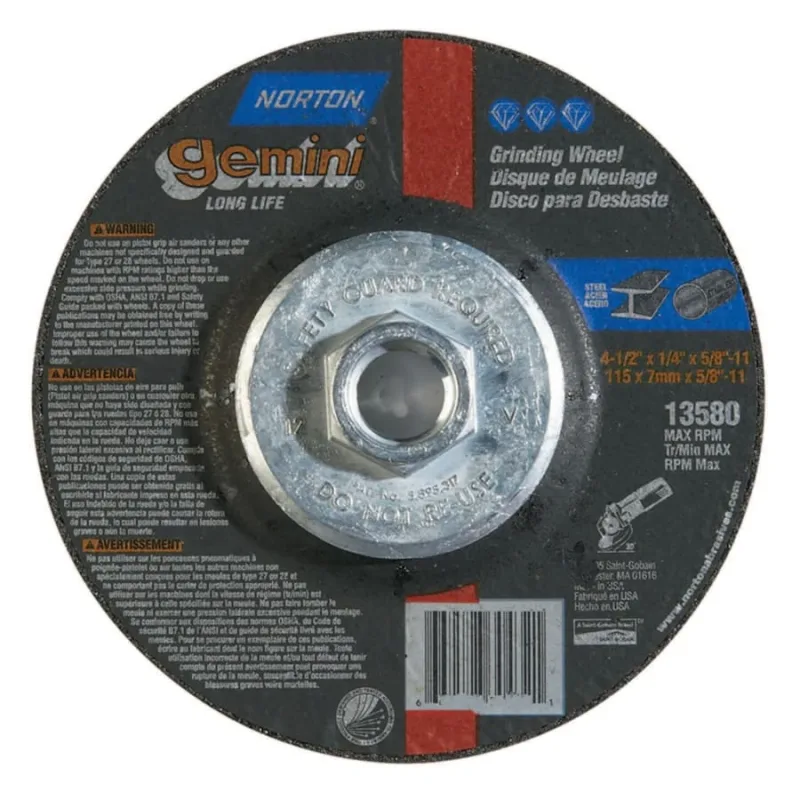 Gemini® Type 27 Grinding and Cutting Wheel, 4-1/2 in dia x 1/4 in T x 5/8 in-11 Arbor Hole, AO