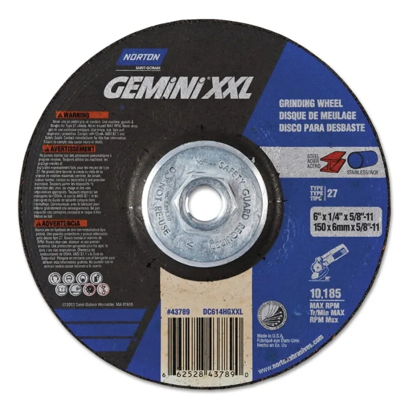 GEMiNi XXL® Depressed Center Wheel, 6 in dia, 1/4 in Thick, 5/8 in Arbor, Alum Oxide