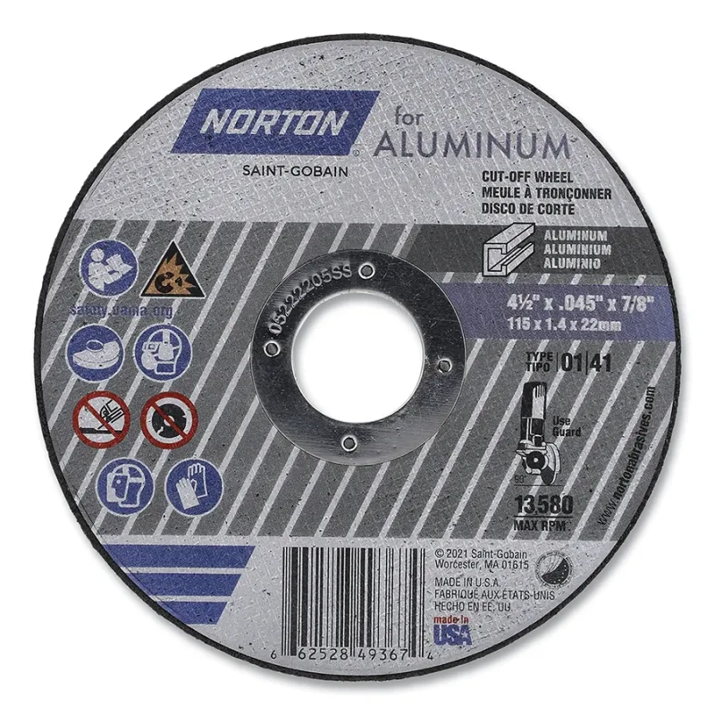 For Aluminum Cut-Off Wheel, Type 01/41, 4-1/2 in dia x 0.045 in Thick x 7/8 in Arbor, 25 EA/CA
