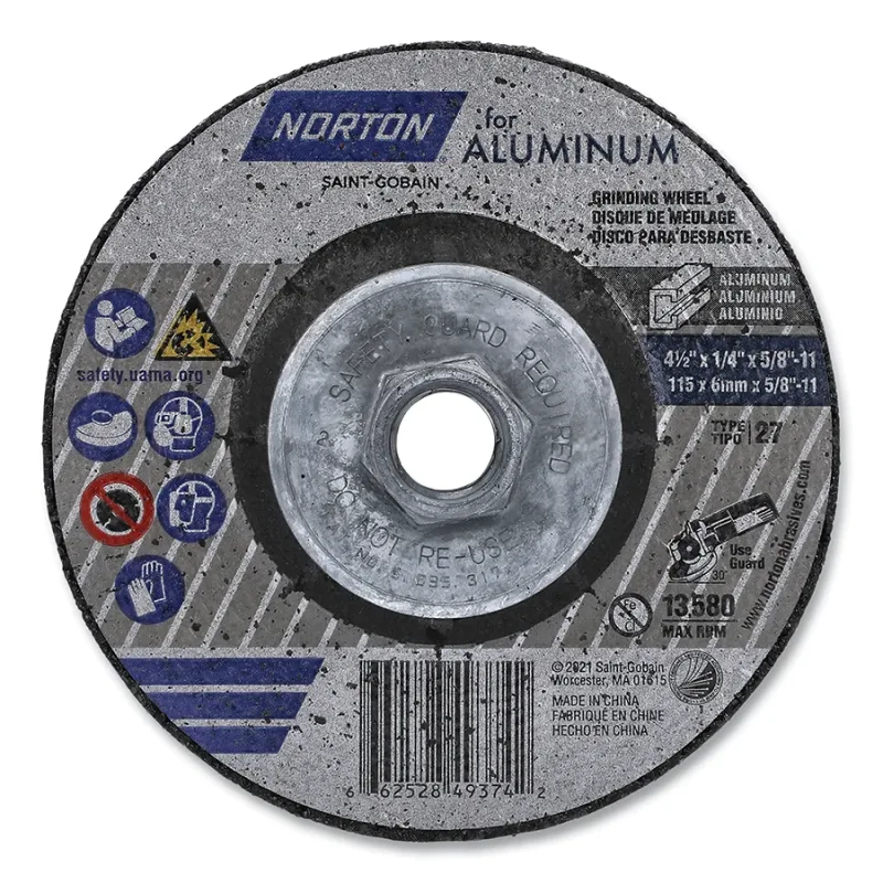 AO AO Type 27 Aluminum Grinding Wheel, Aluminum Oxide, 4.5 in dia, 5/8 in Arbor, 20 Grit, Unthreaded Hole