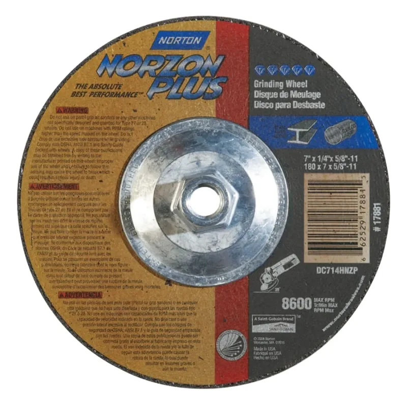 Type 27 NorZon+ Depressed Center Wheel, 7" Dia, 1/4" Thick, 5/8"-11 Arbor