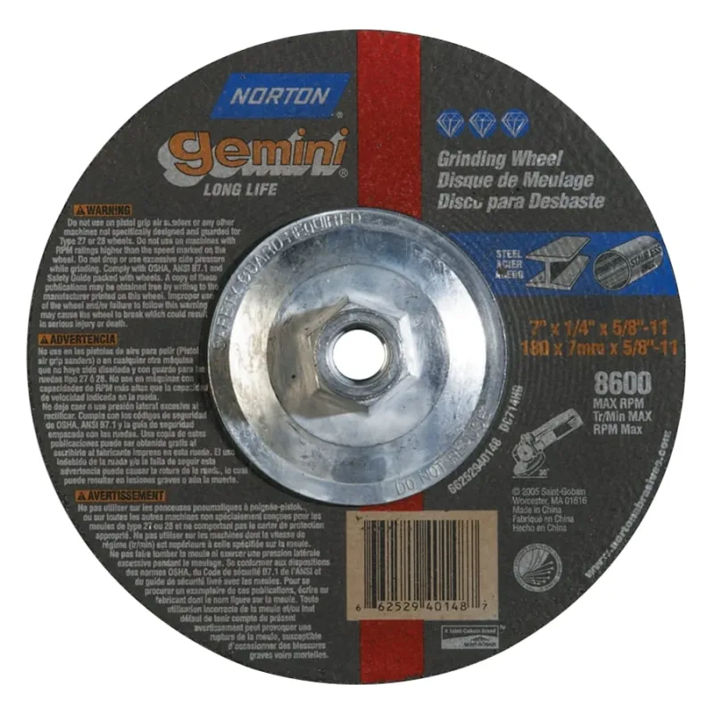 Gemini Depressed Center Wheel, 7" Dia, 1/4" Thick, 5/8" Arbor, 24 Grit