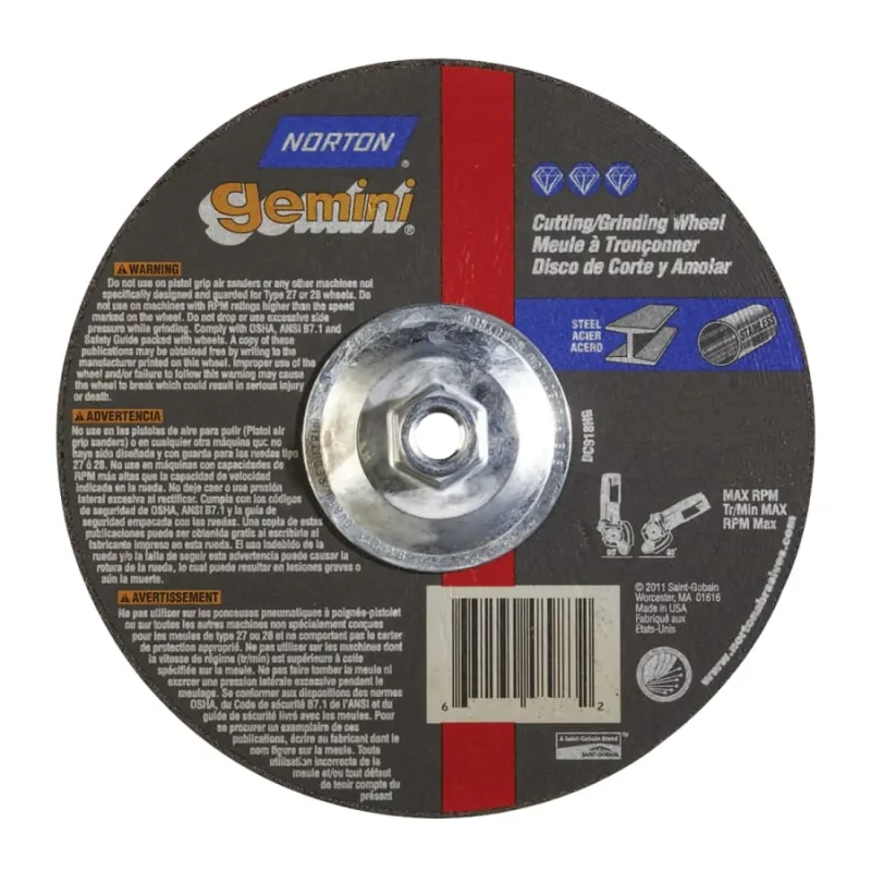 Gemini® RightCut™ Right Angle Cut-Off Wheel, Type 27/42, 9 in dia x 1/16 in Thick x 5/8 in-11 Arbor, 10 EA/BOX