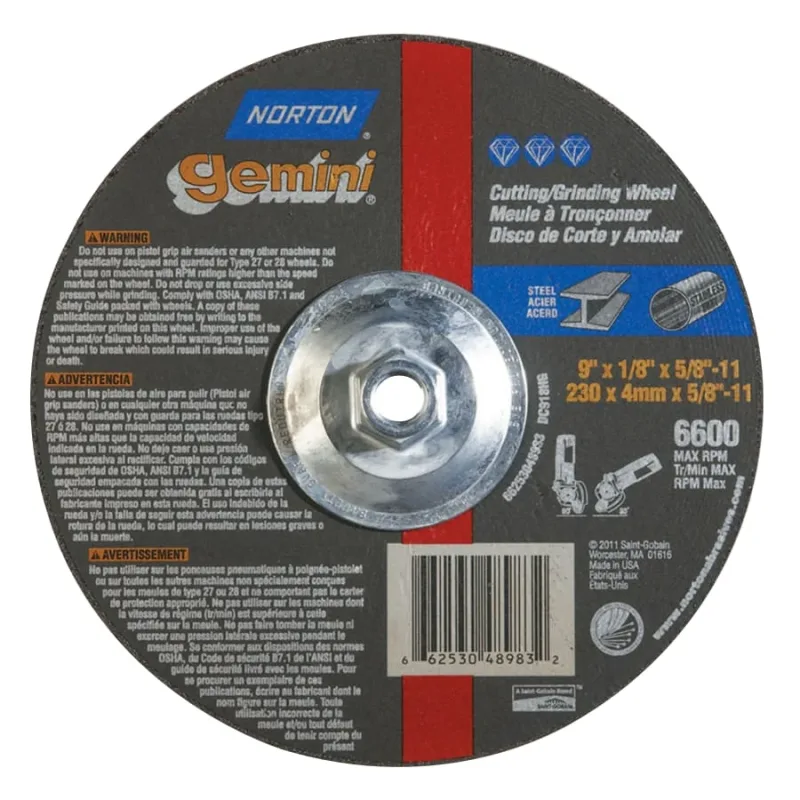 Gemini Depressed Center Wheel, 9" Dia, 1/8" Thick, 5/8" Arbor, 24 Grit