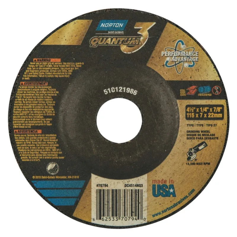 Quantum3 SG CA Type 27 Grinding Wheel, 4-1/2 in dia, 1/4 in Thick, 7/8 in Arbor, 20 Grit, Ceramic Alumina