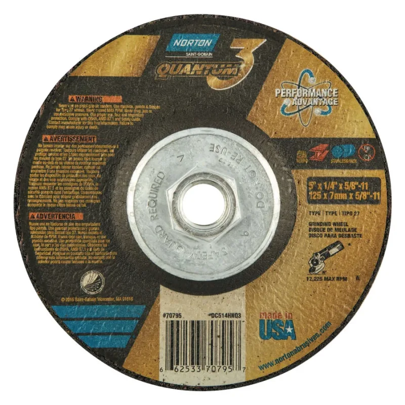Quantum3 SG CA Type 27 Grinding Wheel, 5 in dia, 1/4 in Thick, 5/8 in-11 Arbor, 20 Grit, Ceramic Alumina