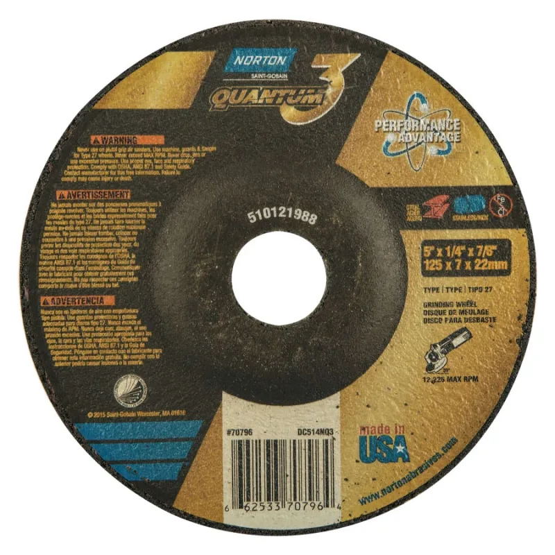 Quantum3 SG CA Type 27 Grinding Wheel, 5 in dia, 1/4 in Thick, 7/8 in Arbor, 20 Grit, Ceramic Alumina