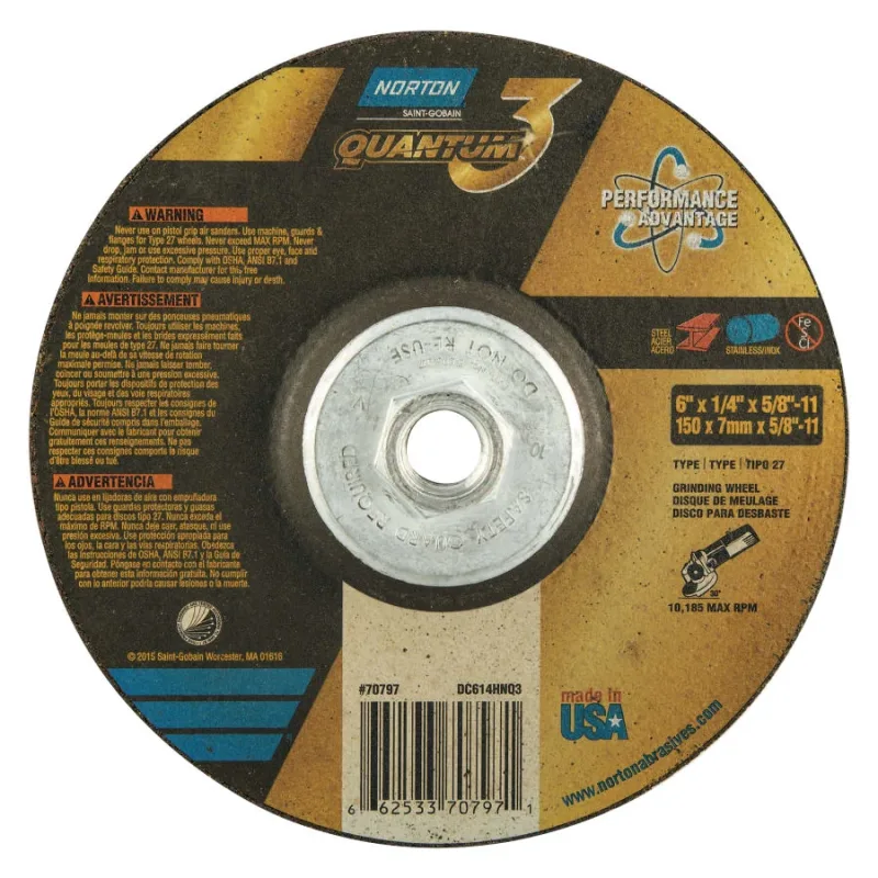Quantum3 SG CA Type 27 Grinding Wheel, 6 in dia, 1/4 in Thick, 5/8 in-11 Arbor, 20 Grit, Ceramic Alumina