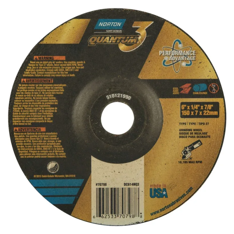 Quantum3 SG CA Type 27 Grinding Wheel, 6 in dia, 1/4 in Thick, 7/8 in Arbor, 20 Grit, Ceramic Alumina
