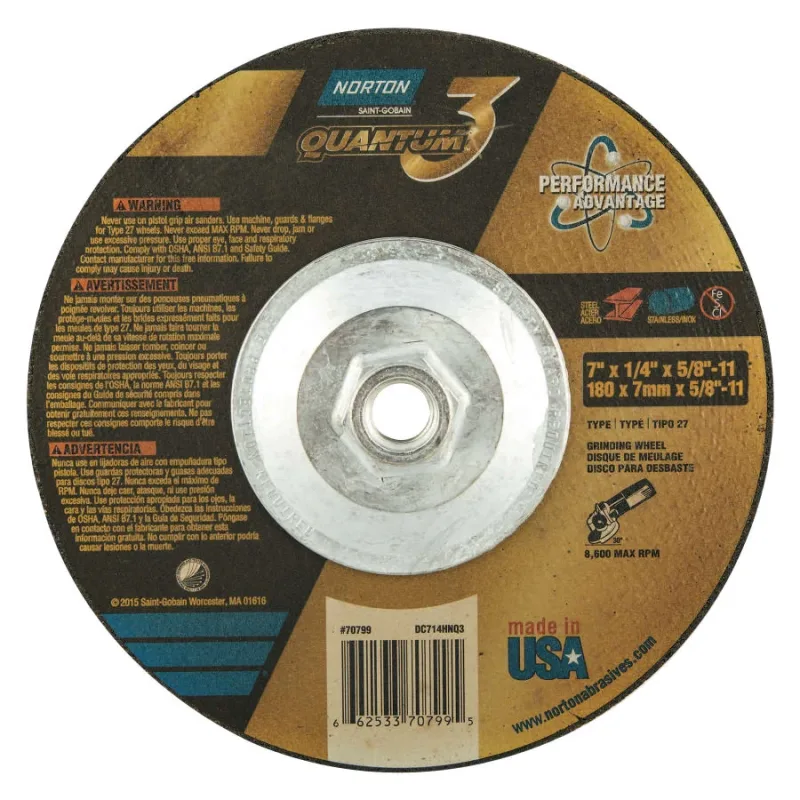 Quantum3 SG CA Type 27 Grinding Wheel, 7 in dia, 1/4 in Thick, 5/8 in-11 Arbor, 20 Grit, Ceramic Alumina