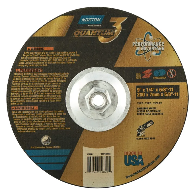 Quantum3 SG CA Type 27 Grinding Wheel, 9 in dia, 1/4 in Thick, 5/8 in-11 Arbor, 20 Grit, Ceramic Alumina