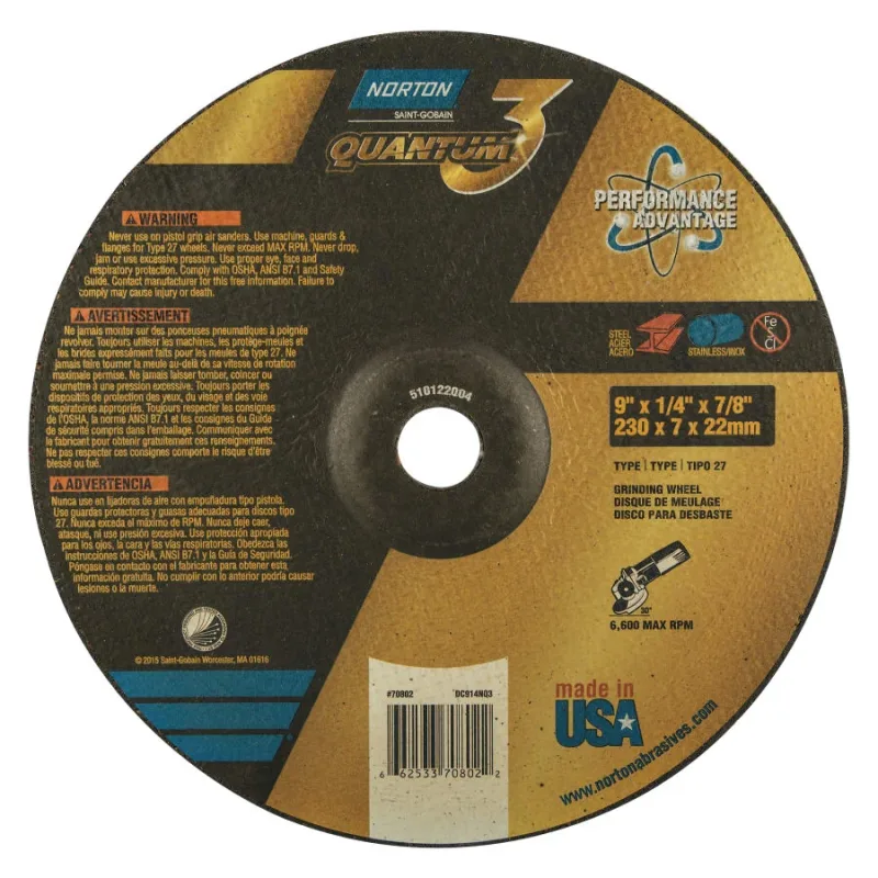 Quantum3 SG CA Type 27 Grinding Wheel, 9 in dia, 1/4 in Thick, 7/8 in Arbor, 20 Grit, Ceramic Alumina