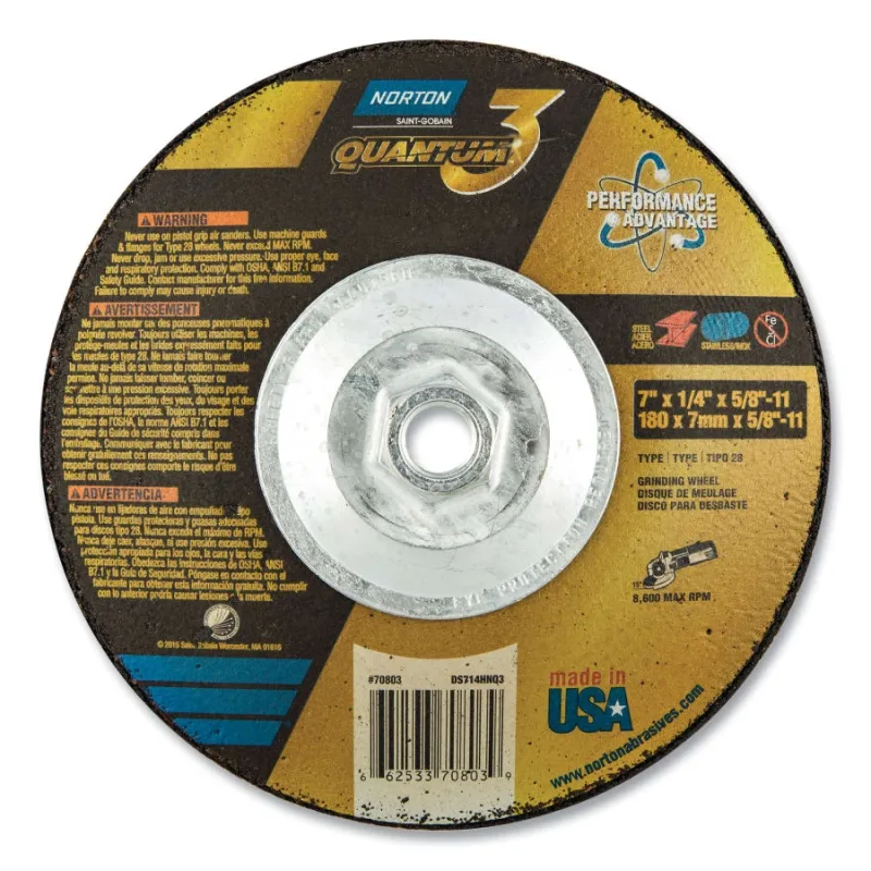 Quantum3® SG CA Type 28 Saucer Wheel, 7 in dia, 0.25 in thick, 5/8-11 in arbor, 20 grit, Extra Coarse