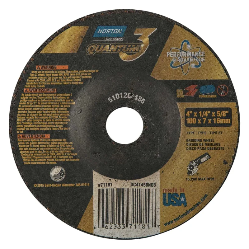 Quantum3 SG CA Type 27 Grinding Wheel, 4 in dia, 1/4 in Thick, 5/8 in-11 Arbor, 20 Grit, Ceramic Alumina