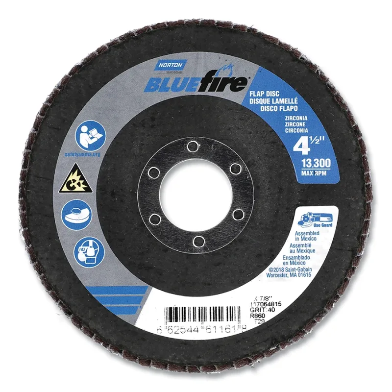 Bluefire™ R860 Flap Disc, 4-1/2 in dia, 40 Grit, 7/8 in-11 Arbor, 13300 RPM, Type 29 Conical