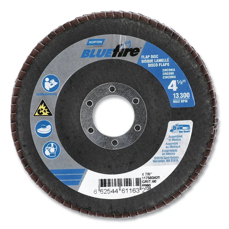 Bluefire™ R860 Flap Disc, 4-1/2 in dia, 60 Grit, 7/8 in-11 Arbor, 13300 RPM, Type 29 Conical