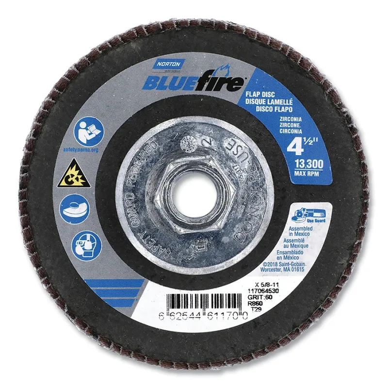 Bluefire™ R860 Flap Disc, 4-1/2 in dia, 60 Grit, 5/8 in-11 Arbor, 13300 RPM, Type 29 Conical