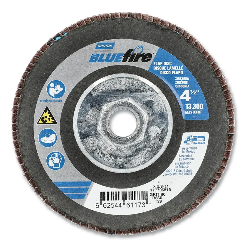 Bluefire™ R860 Flap Disc, 4-1/2 in dia, 80 Grit, 5/8 in-11 Arbor, 13300 RPM, Type 29 Conical