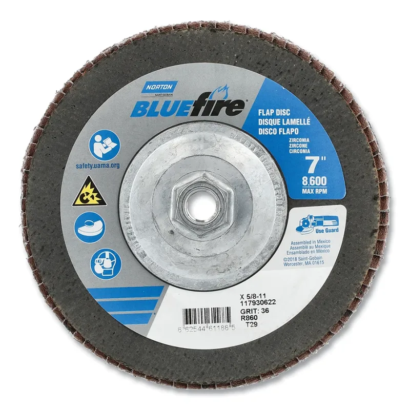 Bluefire™ R860 Flap Disc, 7 in dia, 36 Grit, 5/8 in-11 Arbor, 8600 RPM, Type 29 Conical