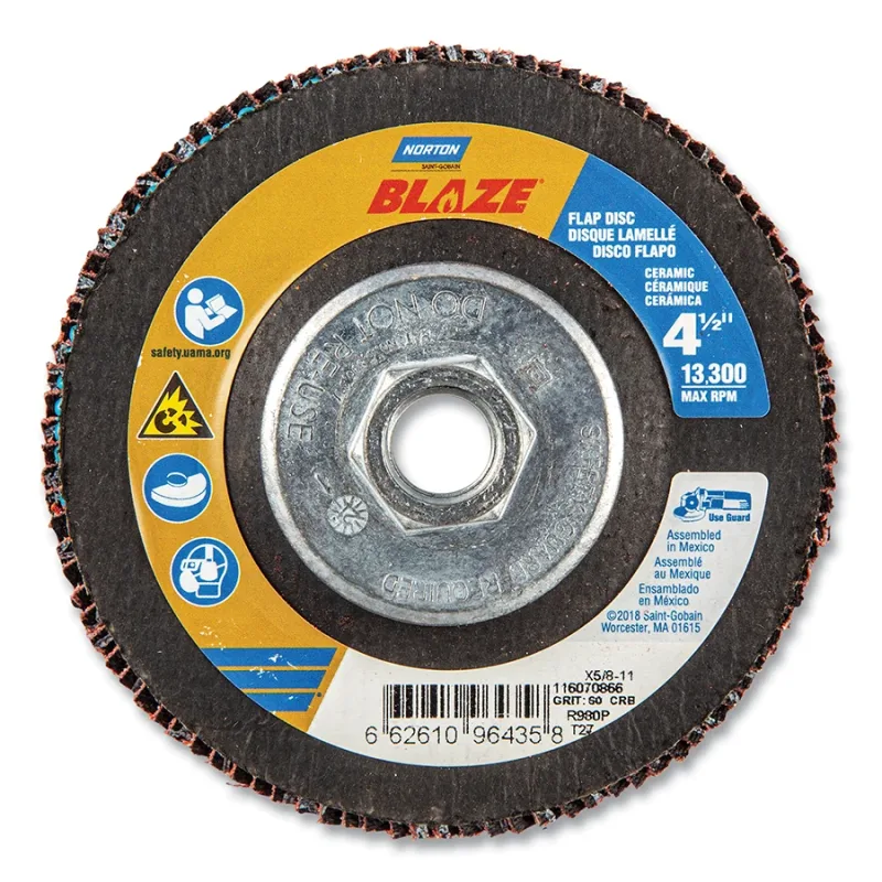 BLAZE® R980P Flap Disc, Fiberglass HD Flat, 4.5 in dia, 60 Grit, 5/8 in-11 arbor, 13000 RPM