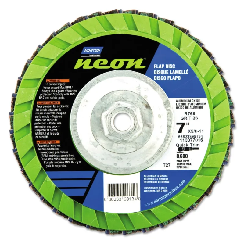 Type 27 Flat Flap Discs, 7 in Dia, 60 Grit, 5/8 in Arbor, 8,600 rpm