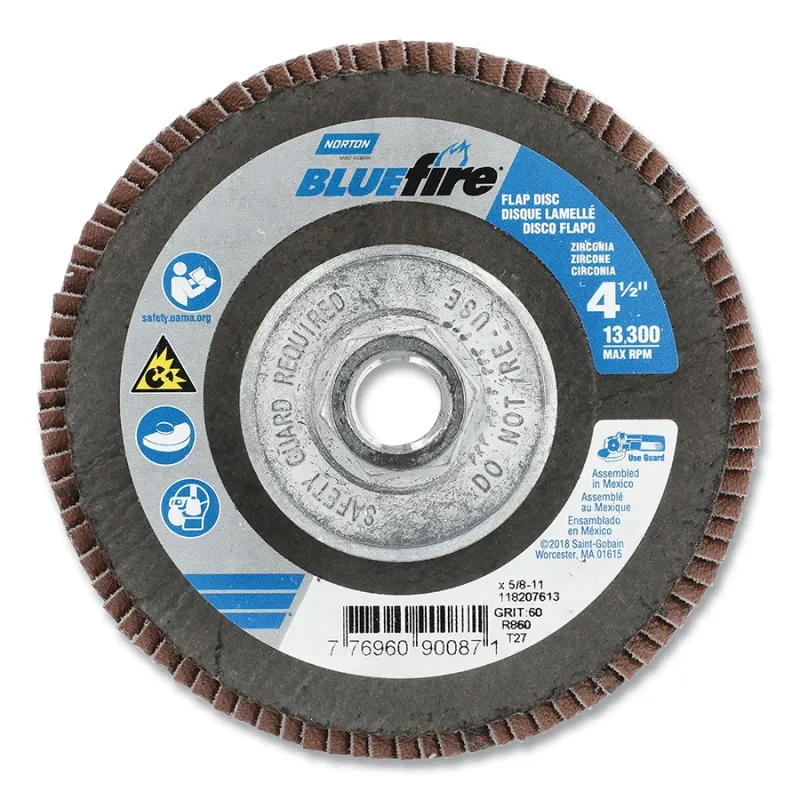 Bluefire™ R860 Flap Disc, 4-1/2 in dia, 60 Grit, 5/8 in-11 Arbor, 13300 RPM, Type 27 Flat