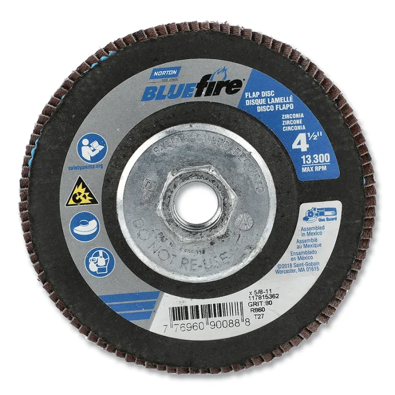 Bluefire™ R860 Flap Disc, 4-1/2 in dia, 80 Grit, 5/8 in-11 Arbor, 13300 RPM, Type 27 Flat