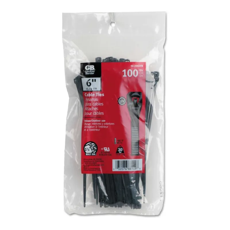 Standard Cable Ties, 30 lb Tensile Strength, 6 in L, Black, 100 EA/BG
