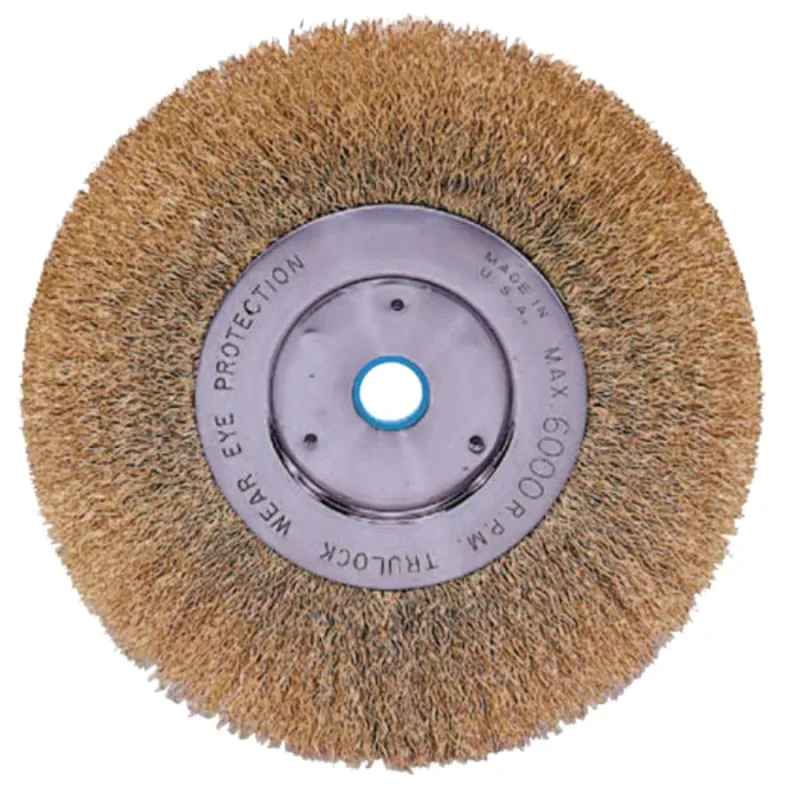 Narrow Face Crimped Wire Wheel, 6 in D x 1/2 in W, .005 in Brass Wire, 6,000 rpm