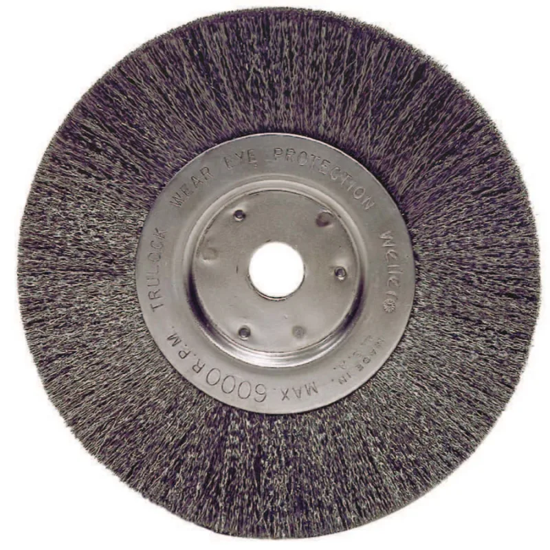 Narrow Face Crimped Wire Wheel, 6 in dia x 3/4 in W Face, 0.006 in Stainless Steel Wire, 6000 RPM