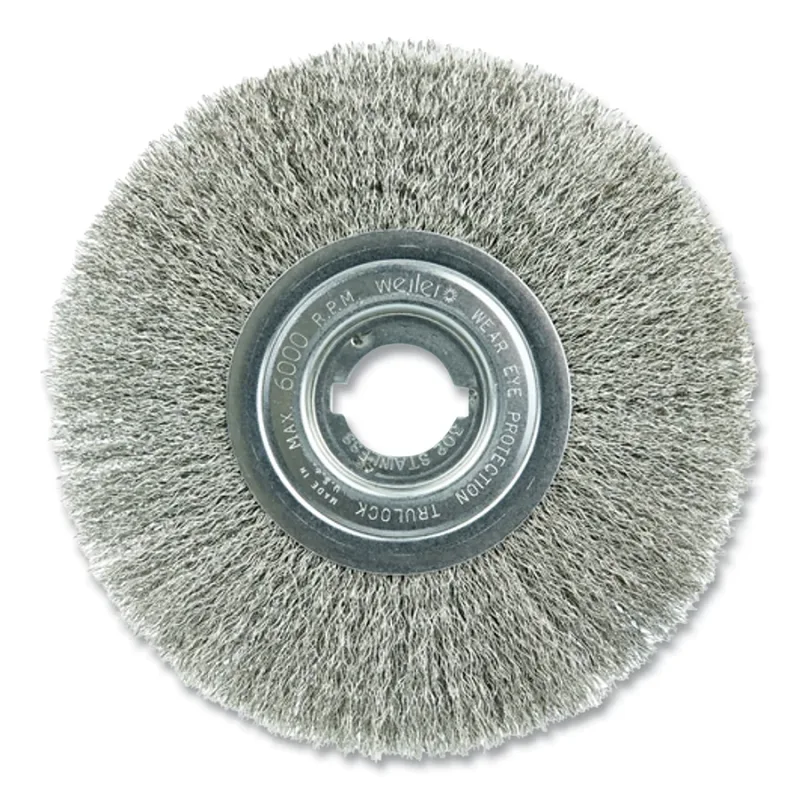 Narrow Face Crimped Wire Wheel, 8 in dia, 3/4 in W, 0.0118 in Bristle dia, Stainless Steel, 6000 RPM
