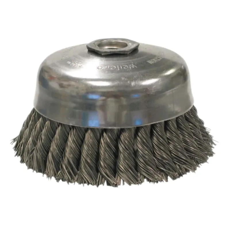 Single Row Heavy-Duty Knot Wire Cup Brush, 5 in Dia., 5/8-11 UNC, .014 Steel