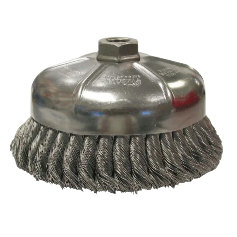 Single Row Heavy-Duty Knot Wire Cup Brush, 6 in Dia., 5/8-11 UNC, .014 Stainless